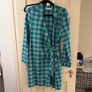 Green and White Checkered Wrap Dress
